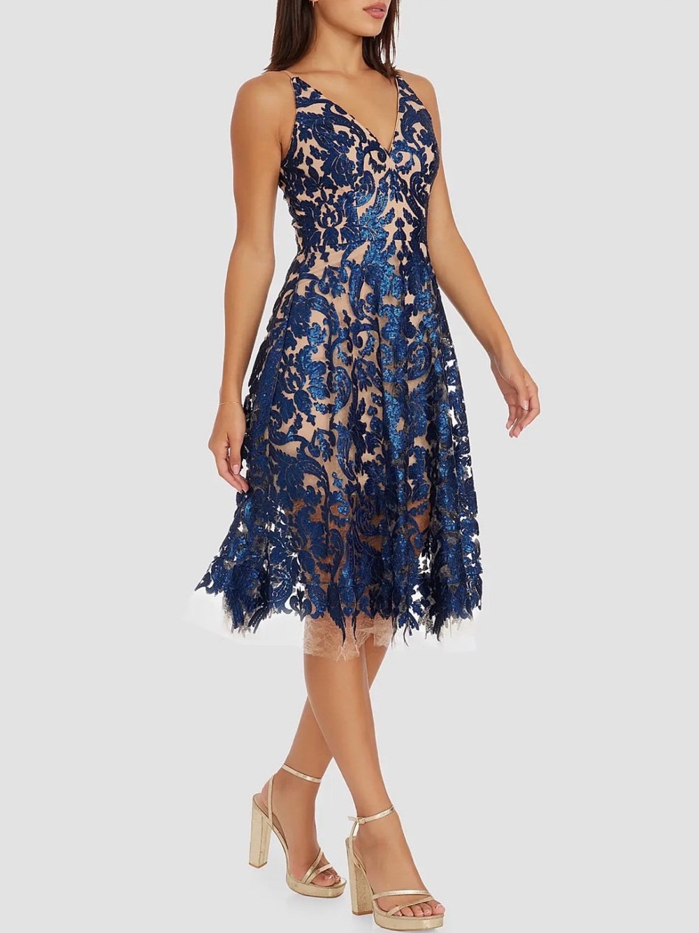 Dress the Population Navy Blue and Nude Lace Appliqué Midi Dress